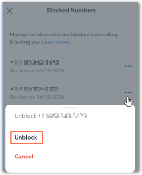 A screenshot of unblocking a number in the Wix app.