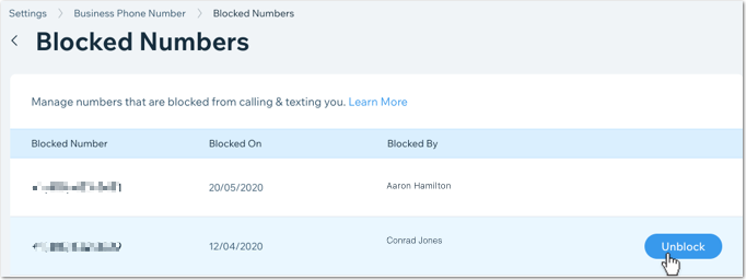 A screenshot of unblocking a number in the dashboard.