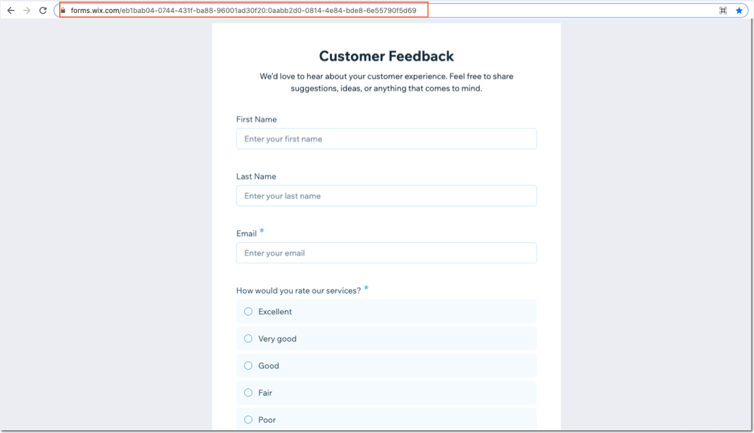 Screenshot eines Standalone-Formulars von Wix