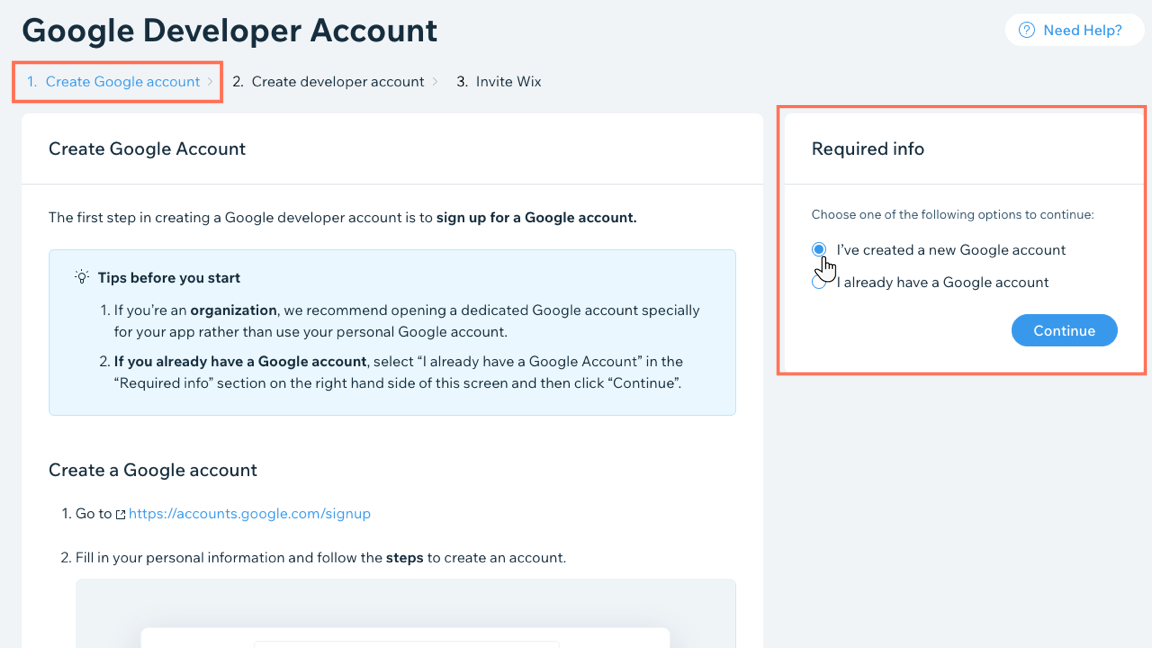 Screenshot della configurazione dell'account sviluppatore Google in cui è selezionato il passaggio 1: Crea account Google