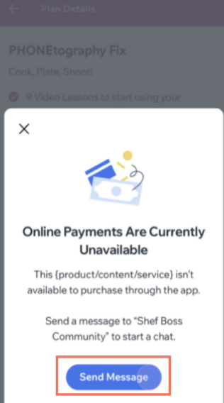 A screenshot of a message explaining that online payments are currently unavailable and the option to send a message.