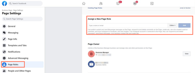 A screenshot of Facebook page settings with Page Roles selected.