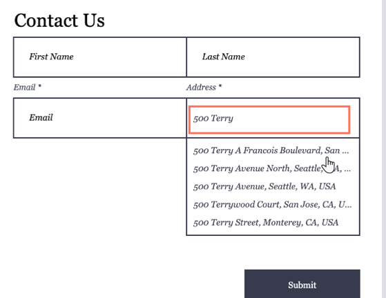 An example of an autocomplete address field, showing how you start typing an address and a list of options appears