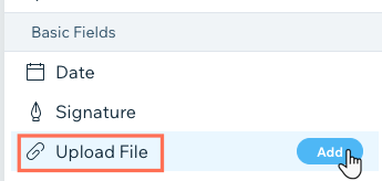 Captura de pantalla de la opción de campos básicos en los formularios antiguos de Wix, con el archivo para cargar resaltado.