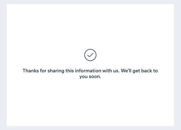A screenshot of the thank you text that appears after submitting a form.