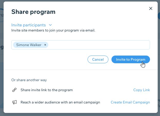 Uma captura de tela do painel Compartilhar programa para convidar pessoas para participar do seu programa.