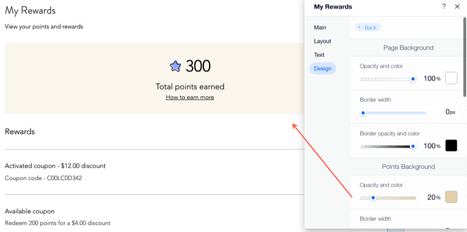 A screenshot of the My Rewards page design options.
