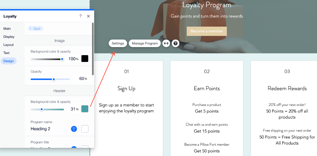 A screenshot of editing the Loyalty Program page in the Editor.