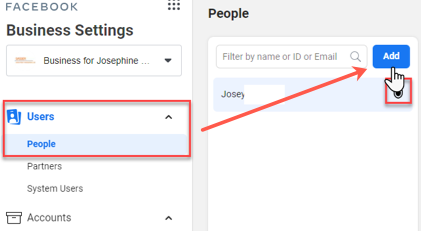 A screenshot of adding people in the Facebook Business Settings.