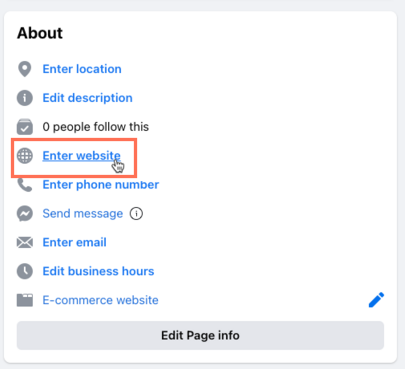 Screenshot of the About section of Facebook selecting Enter website URL edit option