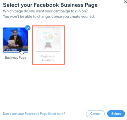 Screenshot of an example of a Facebook page that cannot be selected because it does not have the right permissions