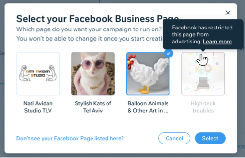 Capture d'écran de l'étape de sélection de la page Facebook dans Publicités Facebook par Wix avec une page Facebook pour laquelle il manque les autorisations.