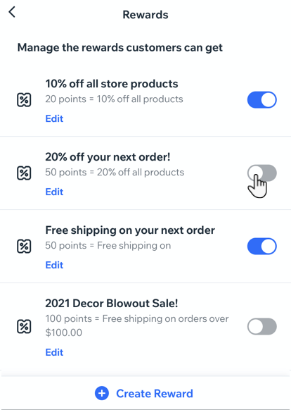 A screenshot of managing the rewards details for a loyalty program in the Wix app.