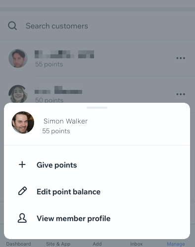 A screenshot of managing a customer's points balance in the loyalty program on the Wix app.