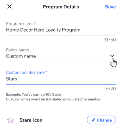 A screenshot of entering the program details for a loyalty program in the Wix app.