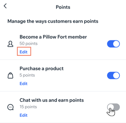 A screenshot of managing the points details for a loyalty program in the Wix app.