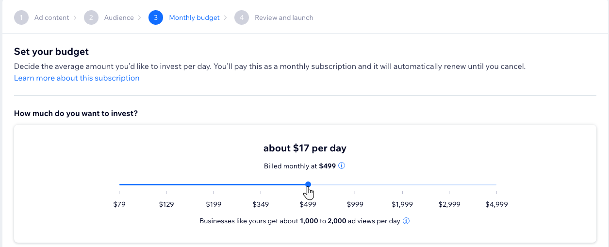 Screenshot della configurazione della campagna al passaggio 3, impostazione di un budget mensile, con il mouse sul cursore per la scelta del budget.