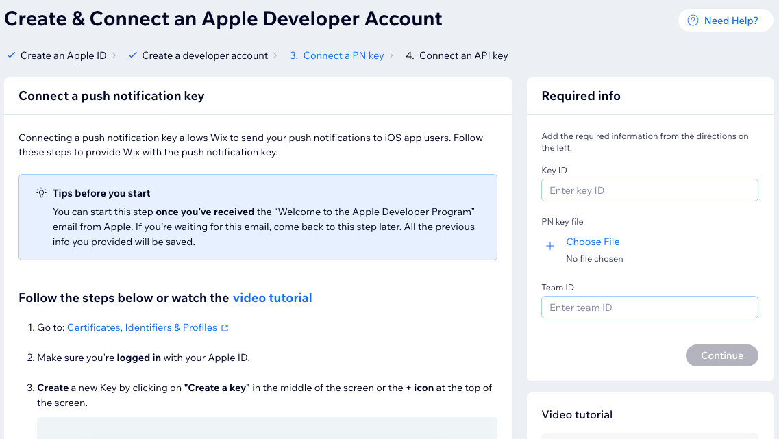 Een screenshot van het Een Apple developer account koppelen-gedeelte van het Branded App-dashboard