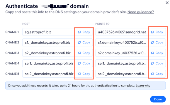 Uma captura de tela dos registros CNAME fornecidos pelo Wix para um domínio personalizado com o campo