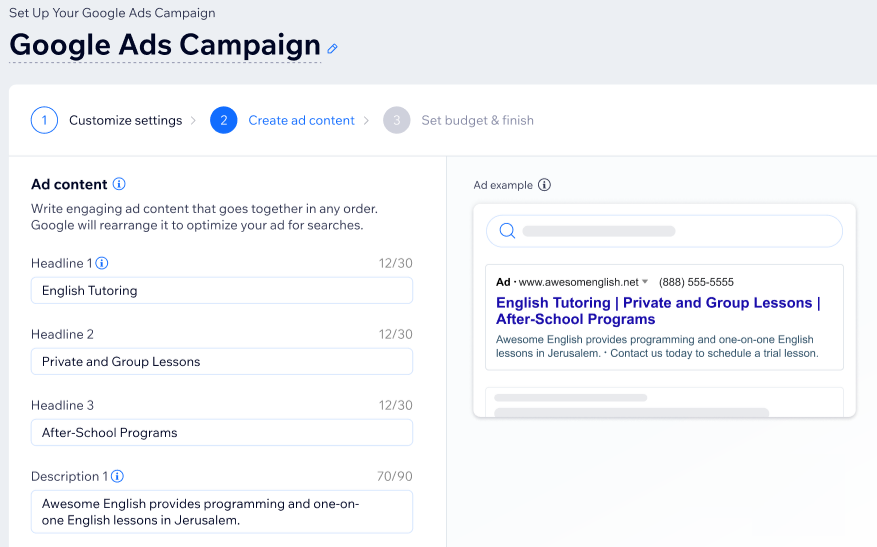 Captura de pantalla de la sección Crear contenido del anuncio del panel de control de Google Ads.