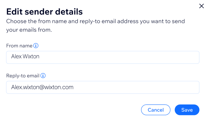 Screenshot of editing the sender details with an example From name and example Reply-to email