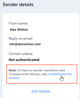 Screenshot of Sender Details in the Email Marketing dashboard with a non authenticated domain status.