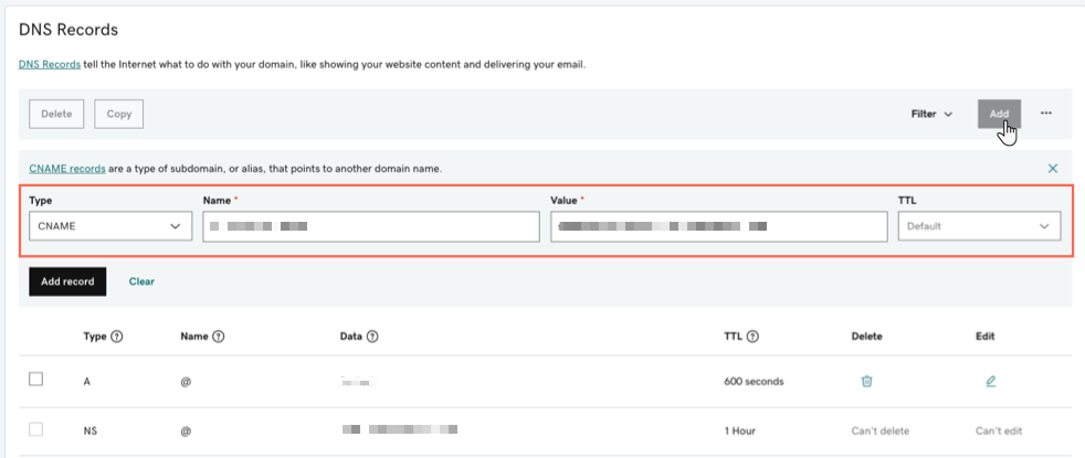 GoDaddy.com 계정의 DNS 설정 페이지 스크린샷