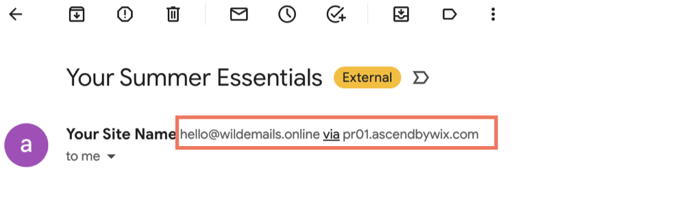 Captura de tela de um exemplo de campanha de email com informações do remetente que têm um domínio autenticado Wix