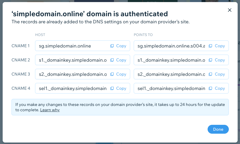 Wix tarafından özel bir domain için sağlanan CNAME kayıtlarının ekran görüntüsü