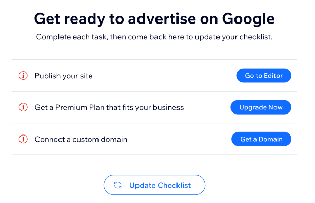 Captura de pantalla de la lista de verificación Prepárate para anunciarte para Google Ads con Wix