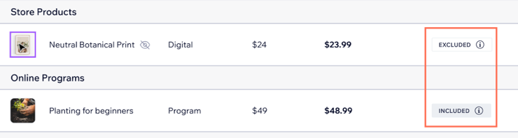 Une capture d'écran des libellés inclus et exclus à côté d'un article et d'un service.
