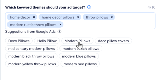 A screenshot of picking keyword themes for a Google Ads campaign with suggested words.