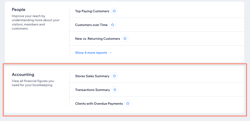 A screenshot of the location of the accounting reports section in the Wix Analytics dashboard.