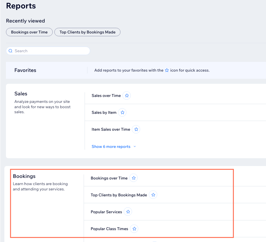 Une capture d'écran de la section Wix Bookings de la sous-catégorie Rapports de données analytiques Wix