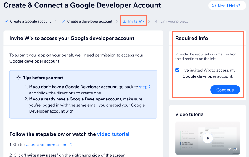 A screenshot of the Google Developer Account setup with step 3 Invite WIx selected.