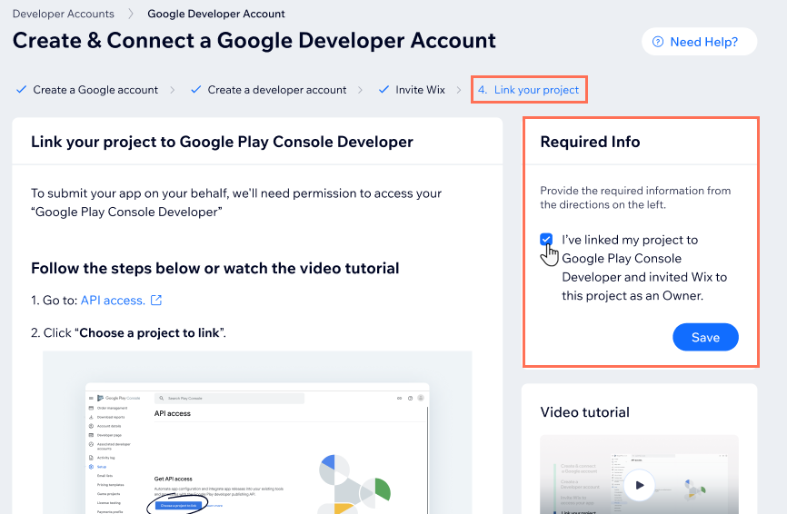 A screenshot of the Google Developer Account setup with step 4 Link your project selected.