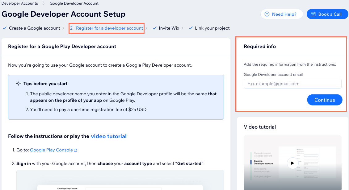 A screenshot of the Google Developer Account setup with step 2 Register for a developer account selected.