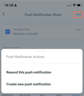 Screenshot del menu Altre azioni di una notifica push che mostra l'opzione per inviare nuovamente questa notifica push