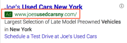 A screenshot of an example of an automatic site link URL under ad text.