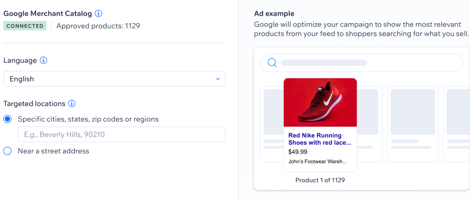 A screenshot of the Google Ads dashboard with a shopping campaign setup