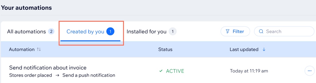 A screenshot of the automations dashboard with the new push notification automation Active in the Created by you tab.