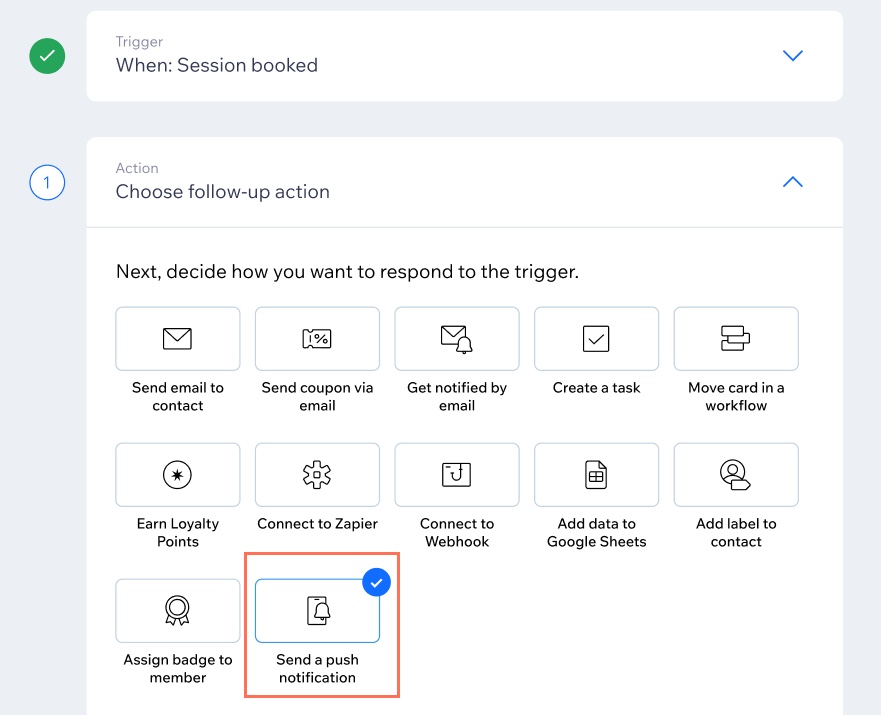 A screenshot of creating a new automation for booking an online session with send a push notification selected as the action.