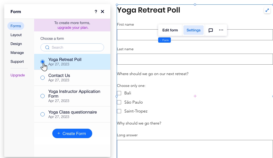 A screenshot of the Forms settings panel in the Editor with a list of all forms on the site with a yoga retreat form selected