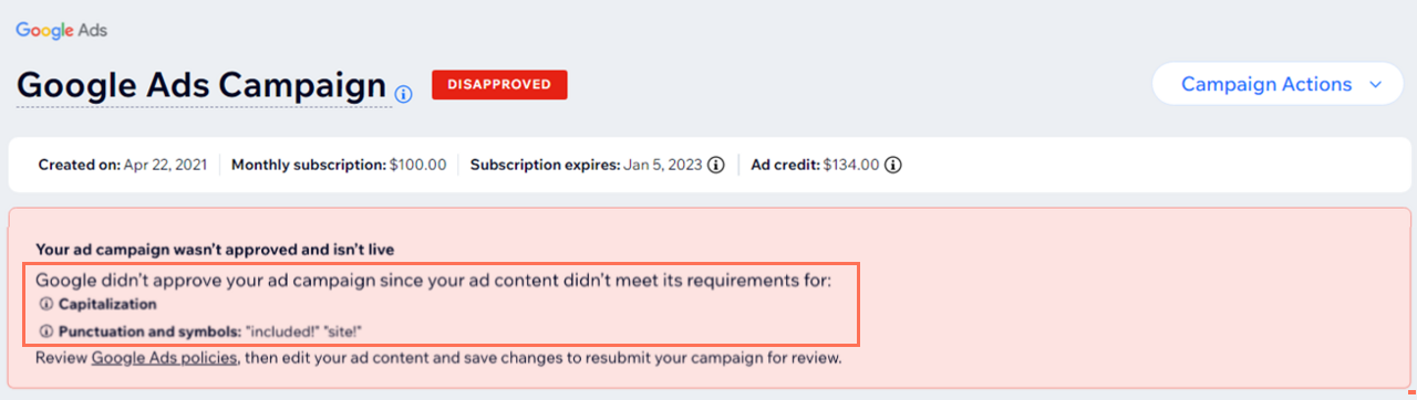A screenshot of a disapproved Google Ads campaign message with punctuation and capitalization as error messages.