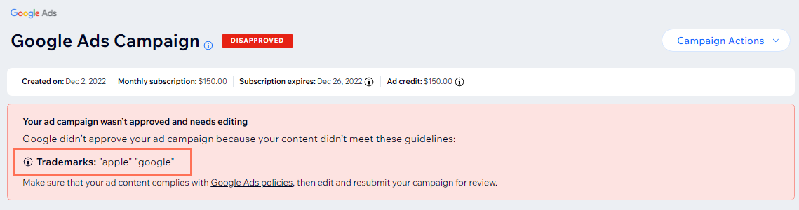 Screenshot of Google Ads campaign disapproved note with trademarks the reason of disapproval