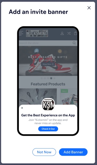 A screenshot of an invite banner on a mobile site inviting visitors to download a branded app for a better experience.