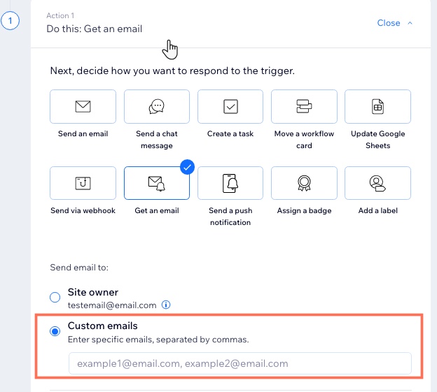 A screenshot of the custom email selection in the automation action drop-down