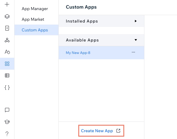 A screenshot of the Custom Apps tab with Create New App selected.