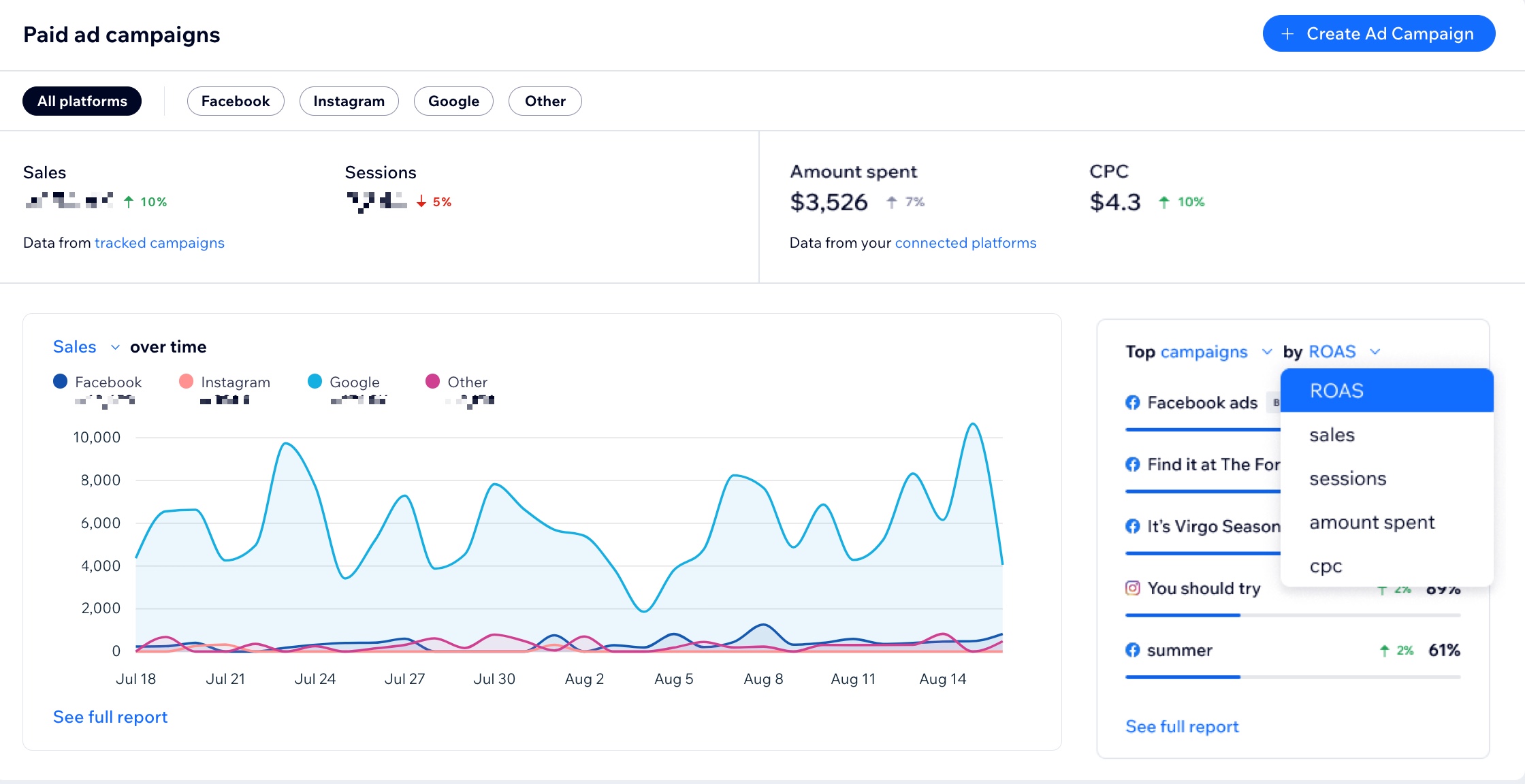 A screenshot of the paid ad campaigns section of the marketing overview with the campaign filter drop-down selected.