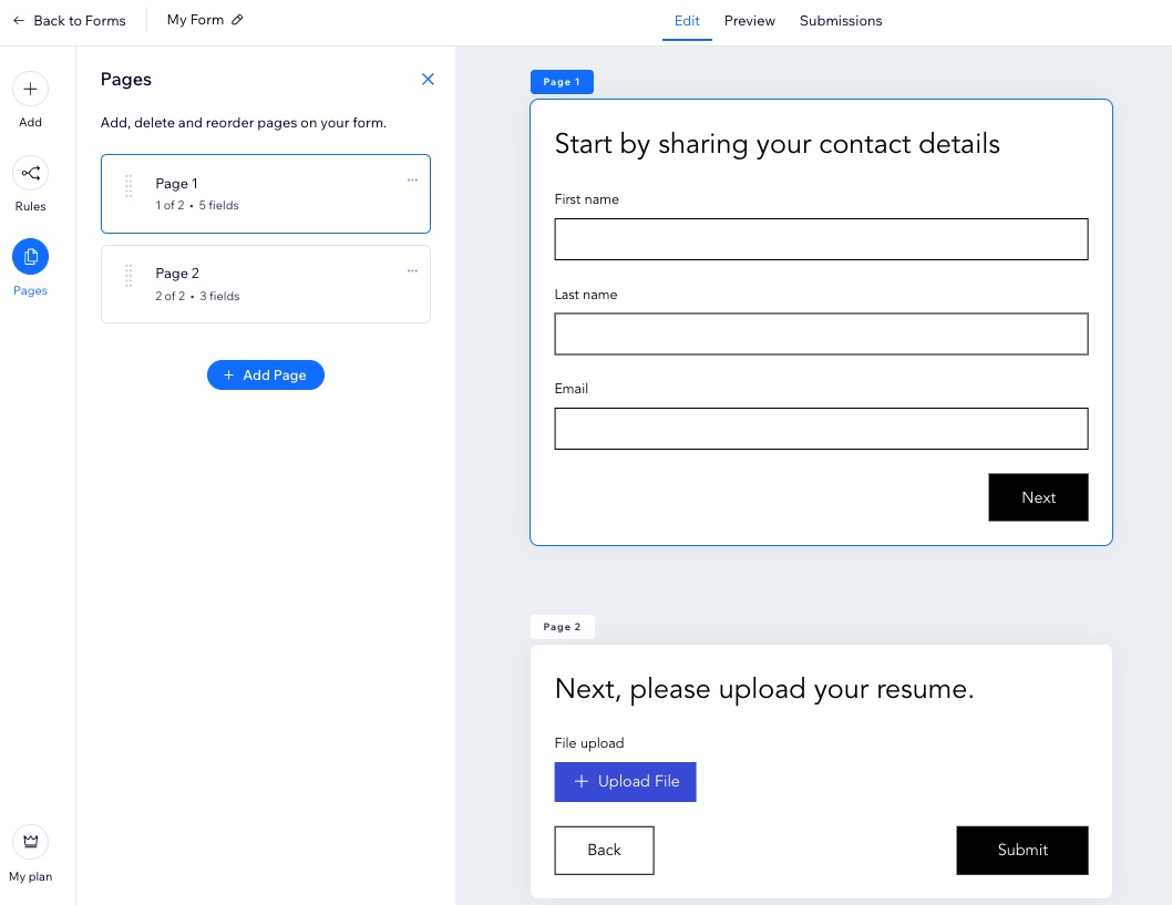 Une capture d'écran du nouveau constructeur de Wix Formulaires avec l'option Pages sélectionnée.